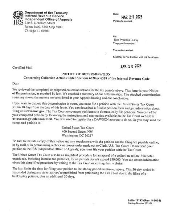 What is a notice of determination from the IRS?