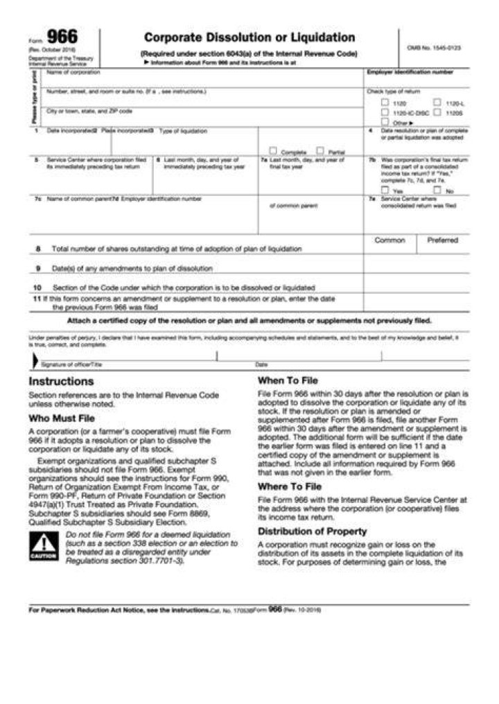 When to file Form 966 for corporate dissolution?