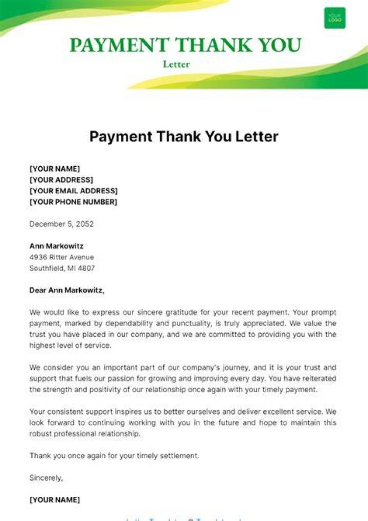 When to send a thanks letter for payment?